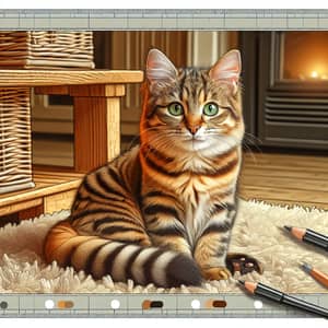 Striped Tabby Cat on Plush Rug with Bright Green Eyes