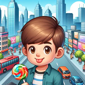 Cartoon Boy with Lollipop in Hand | Cityscape Background
