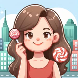 June Holding Lollipop in Cartoon Style City Scene