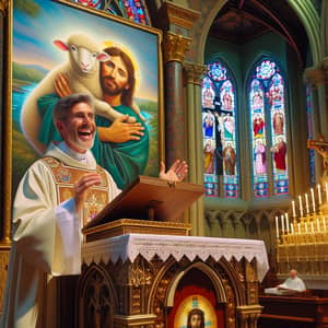 Caucasian Priest Celebrating Mass & Smiling Jesus Good Shepherd