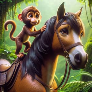 Playful Monkey Riding Majestic Horse in Lush Jungle