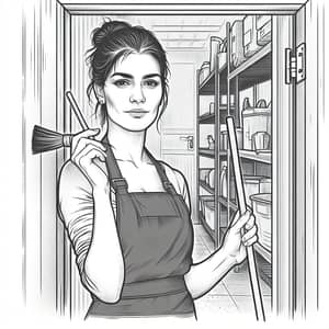 European Cleaning Lady Sketch in Gray Apron | Cleaning Company Scene