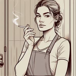 Caucasian Female Janitor Sketch - Grey Apron & Serious Expression