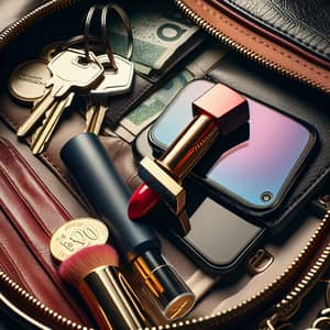 Woman's Purse Essentials: Keys, Lipstick, Mirror, Wallet, Smartphone