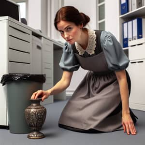 European Cleaning Lady Picks Up Vase | Office Setting