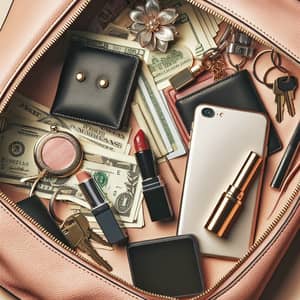 Women's Handbag Essentials: Keys, Lipstick, Mirror, Wallet, Smartphone