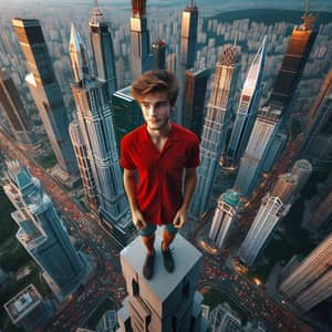 Young Boy in Red Shirt atop Skyscraper Overlooking City