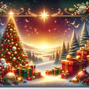 Festive Holiday Scene with Christmas Tree, Gifts & Snowflakes