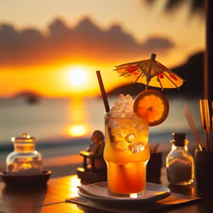 Refreshing Icy Orange Juice on Sunset Table