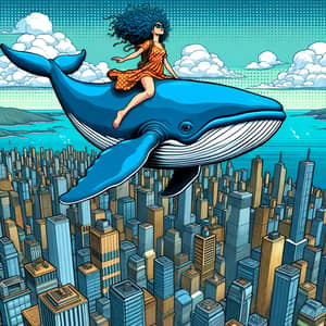 Curly-Haired Girl Flying on Whale Above City | Pop Art Style