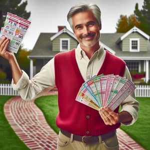 Friendly Middle-Aged Man Demonstrates Coupons | Discount Savings
