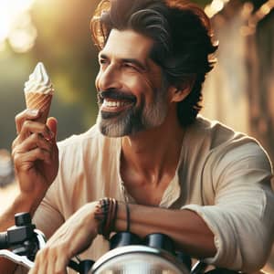 Middle-aged Indian Man Enjoying Vanilla Ice Cream on Motorbike
