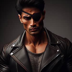 Confident Athletic South Asian Man with Eyepatch | Leather Jacket & T-shirt