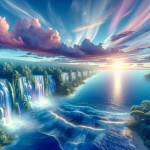 Serene Ocean Landscape with Majestic Waterfall | Nature Colors