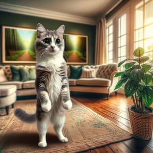 Curious Cat Standing in Sunlit Living Room | Grey & White Fur