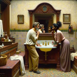 Impressionist Style Bathroom Scene with South Asian Man and Black Woman