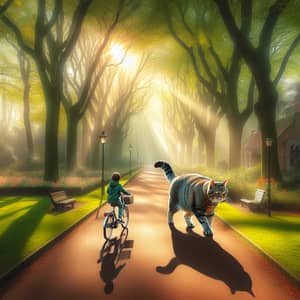 Child Bike-Riding in Lush Park with Housecat - Magical Scene