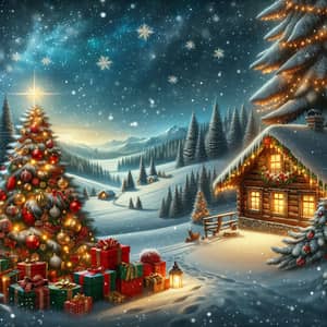 Enchanting Christmas Scene: Snowy Landscape, Log Cabin, and Festive Tree