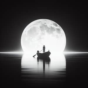 Tranquil Seascape: Unidentified Figure in Boat under Full Moon