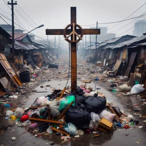 Wooden Cross Amid Urban Decay - Symbol of Peaceful Resistance