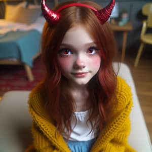 Cute Teenage Girl with Red Demonic Horns in Apartment