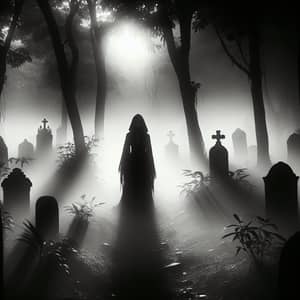 Eerie Gothic Horror Scene in Foggy Graveyard