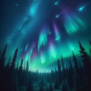 Aurora Borealis Night View Over Dense Forest | Starfall Sky