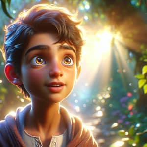 Enchanted Forest Exploration: Hyper-Realistic Young Boy
