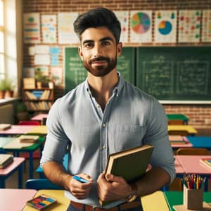 Middle-Eastern Male Teacher in Vibrant Classroom | Educational Scene