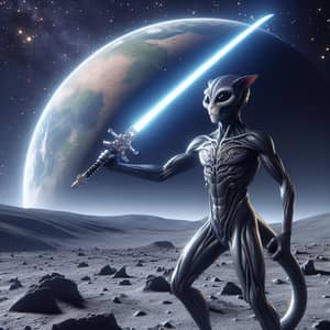 Futuristic Feline-like Alien on Moon with Glowing Sword