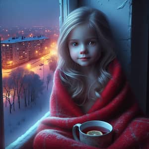 Cozy Winter Scene: Girl by Window with Hot Tea