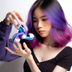 Young East Asian Girl with Vibrant Purple Hair Engaging with Toy