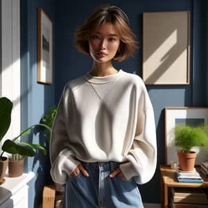 Stylish Asian Woman in White Sweatshirt and Jeans | Natural Daylight Shot