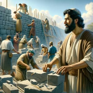 Historical Scene of Nehemiah and His Men Rebuilding Wall
