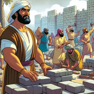 Nehemiah Wall Rebuilding: Diverse Team in Traditional Garb