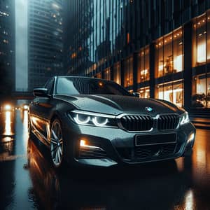 Luxury BMW 3 Series Parked on City Street at Night