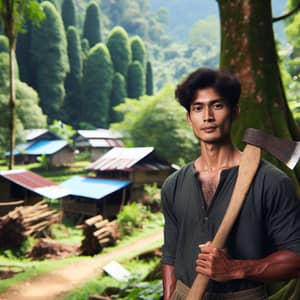 South Asian Male Woodcutter in Serene Greenery