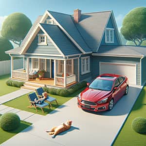 Tranquil Suburban Home with Red Car and Ginger Cat