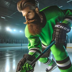 Epic Bearded Guy Playing Ice Hockey in Neon Green Jersey