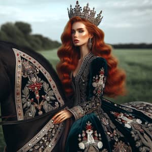 Graceful Red-Haired Caucasian Queen Adorned in Royal Attire