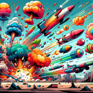 Colorful Explosions and Flying Rockets in Cartoon Style