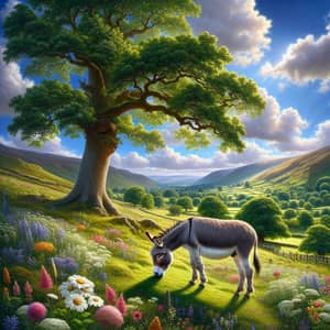 Serene Countryside Scene with Donkey Grazing | Tranquil Pastoral Picture