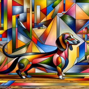 Abstract Dachshund Art Composition with Geometric Shapes and Bright Colors