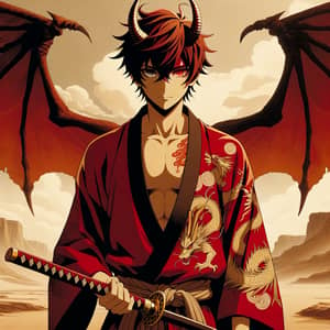 Dragon-themed Man with Red Kimono and Golden Katana