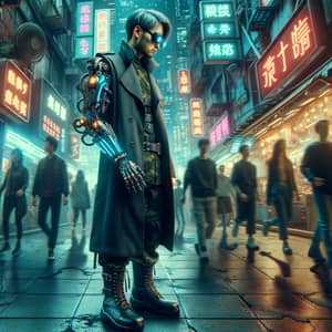 Cyberpunk Scene: Man with Mechanical Prosthetic Arm in Futuristic City