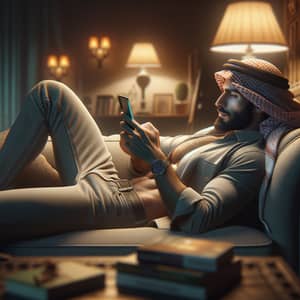 Relaxed Middle-Eastern Man Lounging with Smartphone