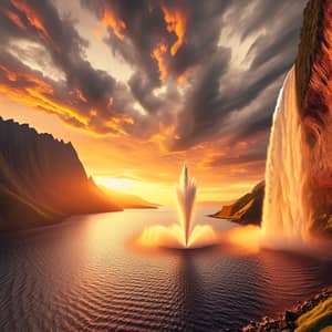Tranquil Seascape with Powerful Fountain at Sunset