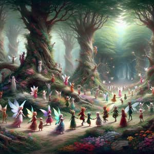 Enchanting Woodland Glen with Fairies and Elves Dancing