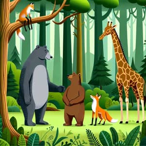 Friendly Conversation: Bear, Giraffe, and Fox in Forest