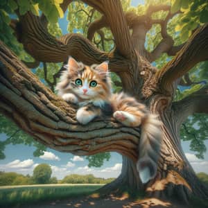 Adorable Calico Cat in Broad-Leaved Tree | Enchanting Green Eyes